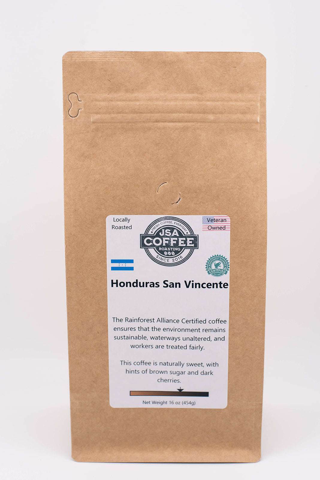 Bag of dark roast coffee from Origin Unknown with notes of Rich Flavors