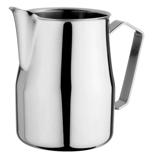 Stainless steel milk steaming pitchers in multiple sizes for espresso and latte preparation