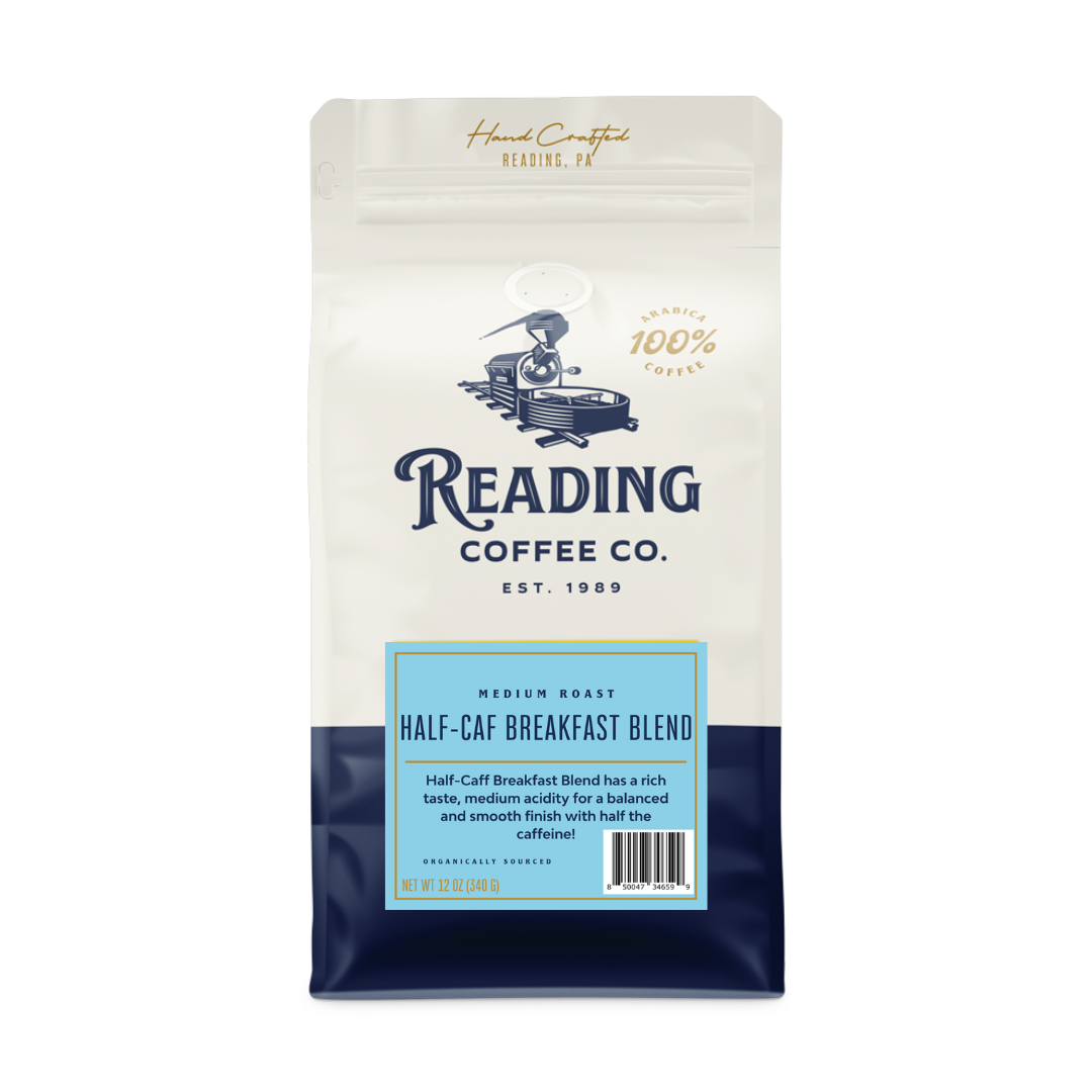 Half-Caf Breakfast Blend coffee bag illustrating a blend of regular and decaffeinated coffee