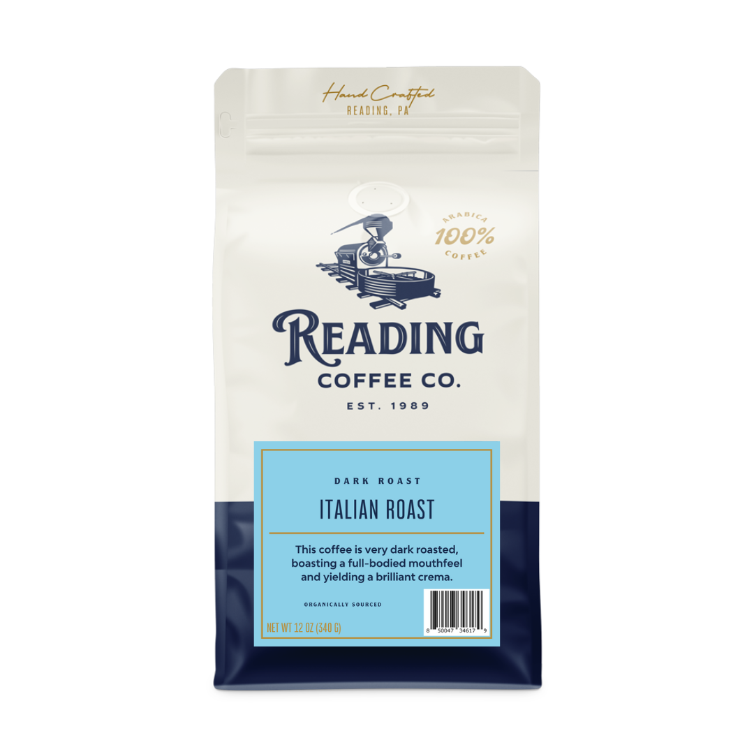 Italian roast coffee bag illustrating a traditional very dark roast style