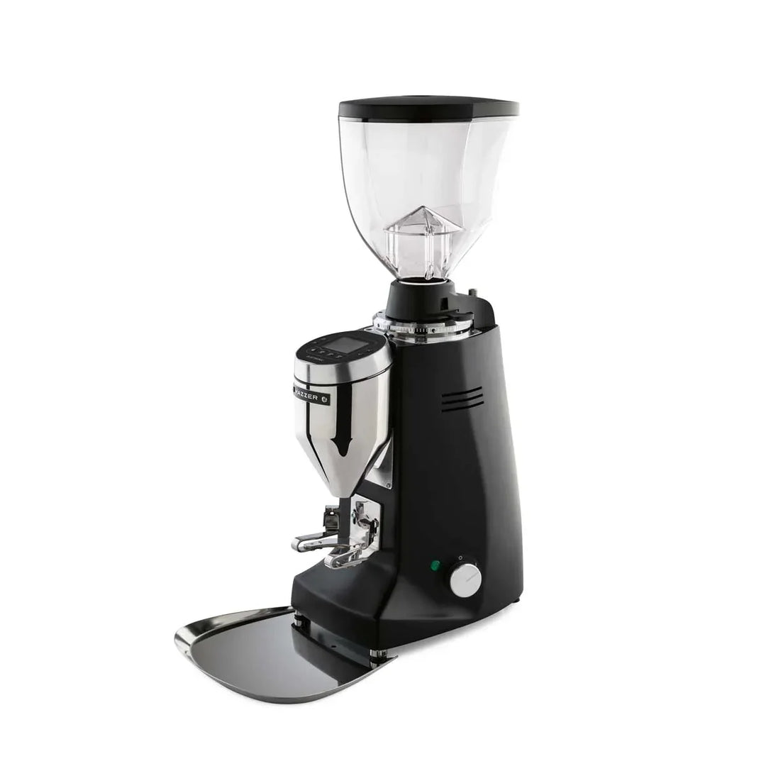 Mazzer Major V commercial espresso grinder illustrating portion-controlled timed dosing workflow