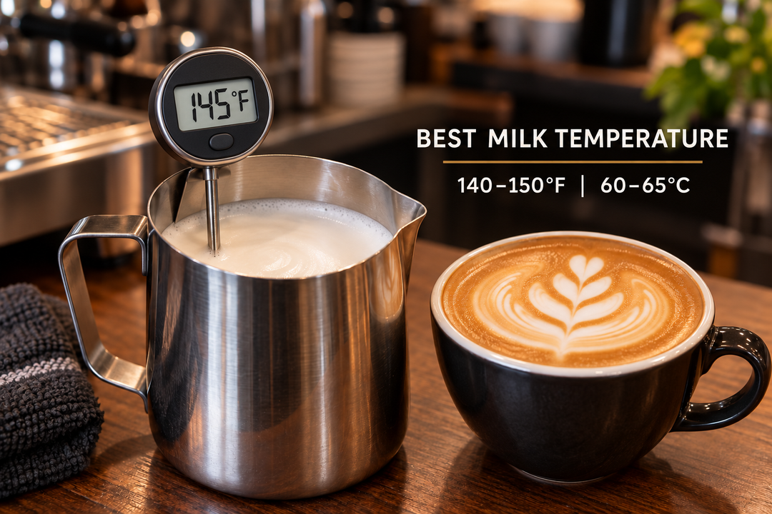 Best milk temperature for espresso drinks: 140–150°F (60–65°C) with steamed milk and latte