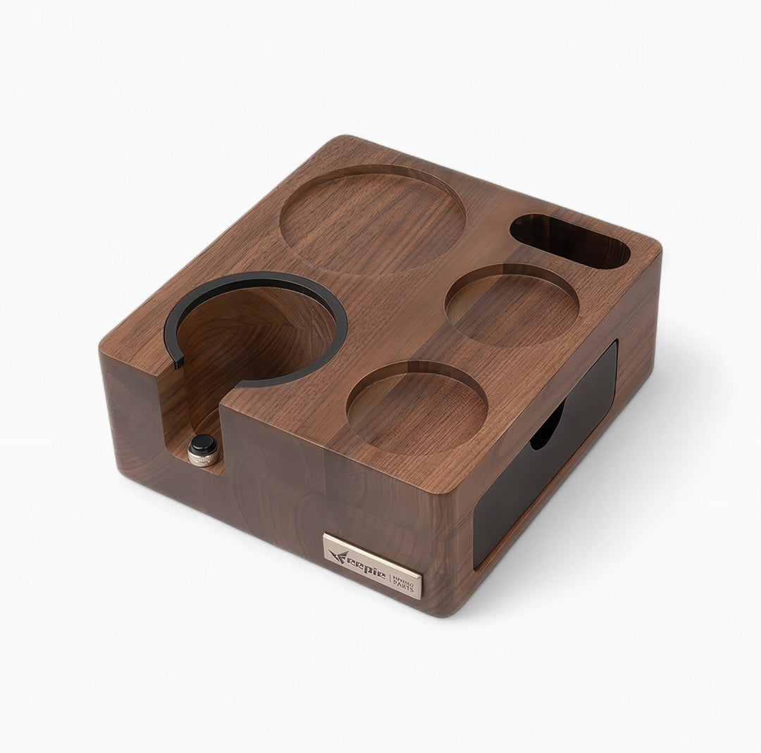 Walnut wood espresso tamping station supporting a portafilter and tamping workflow