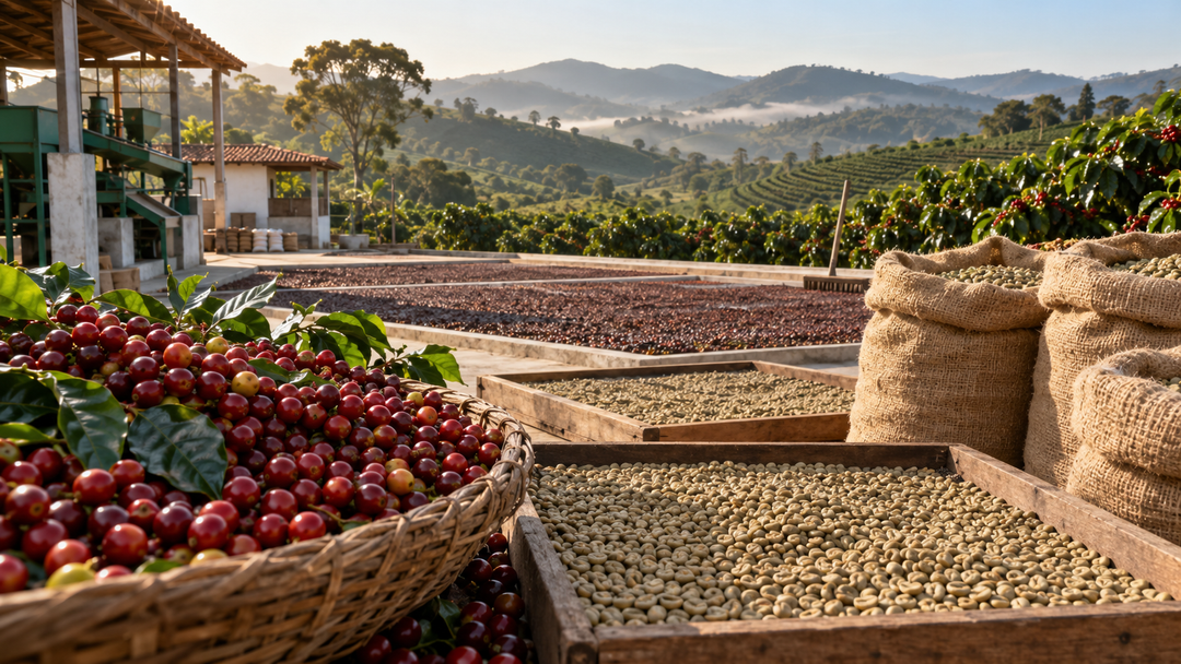 Ripe coffee cherries, green beans and filled sacks illustrating Brazil’s larger 2026 coffee harvest and shifting supply outlook