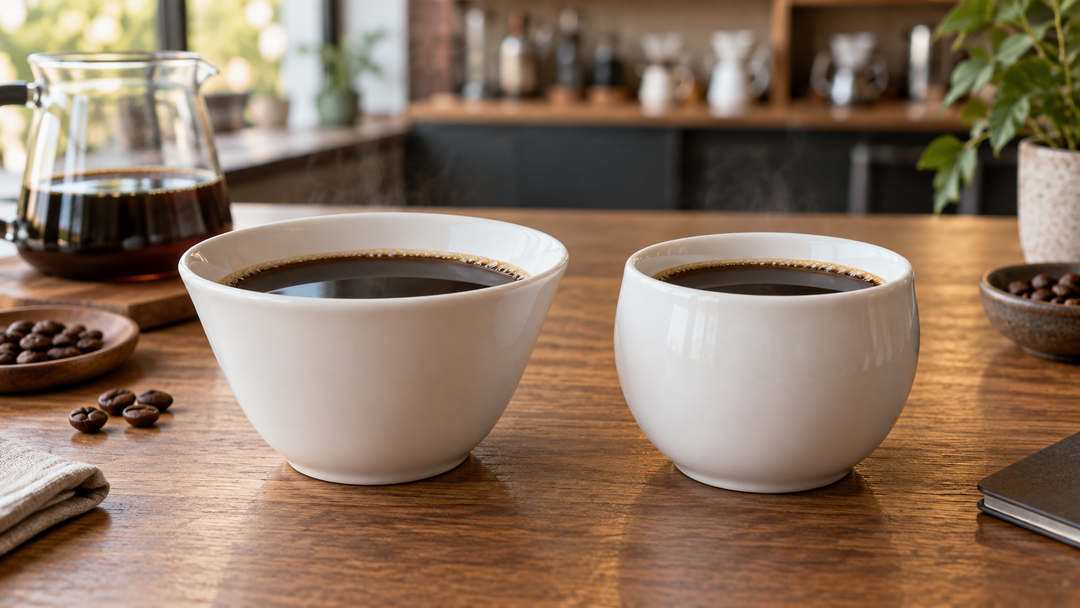 Two cups of identical coffee with contrasting flared and narrow rim shapes