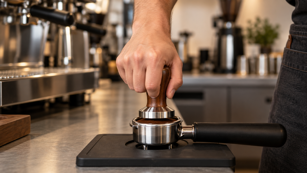 Barista holding an espresso tamper level over a filled portafilter on a tamping mat