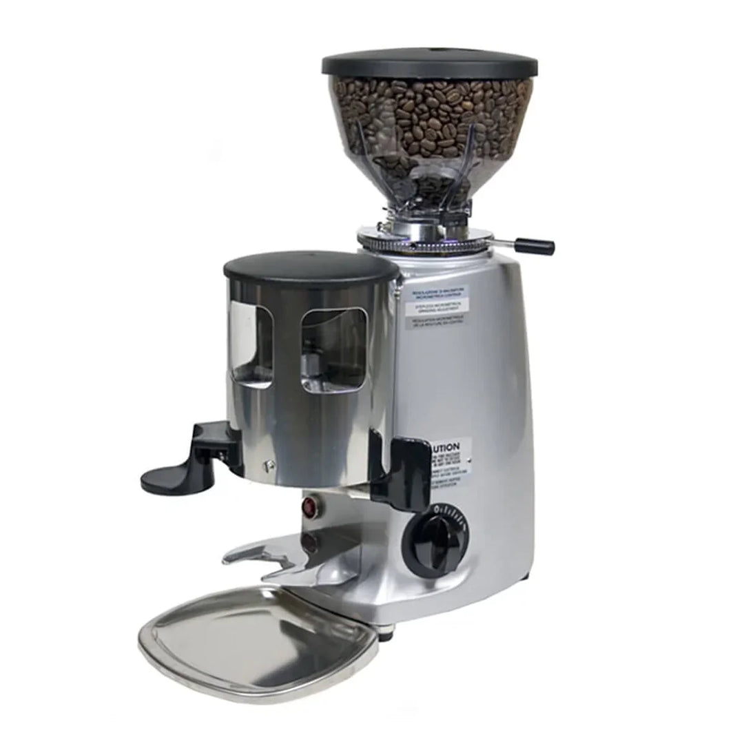 Mazzer Mini espresso grinder with doser chamber illustrating a traditional doser grinder