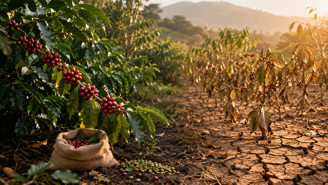 Robusta coffee plants transitioning from healthy growth to drought stress, illustrating climate resilience concerns