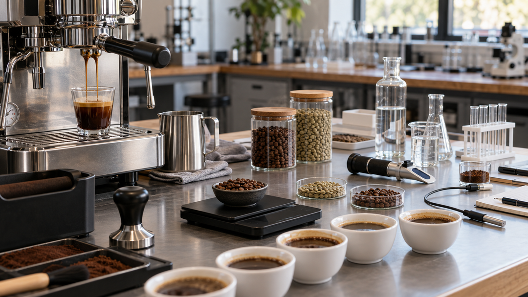 Espresso equipment, coffee samples and measurement tools arranged for multidisciplinary coffee research