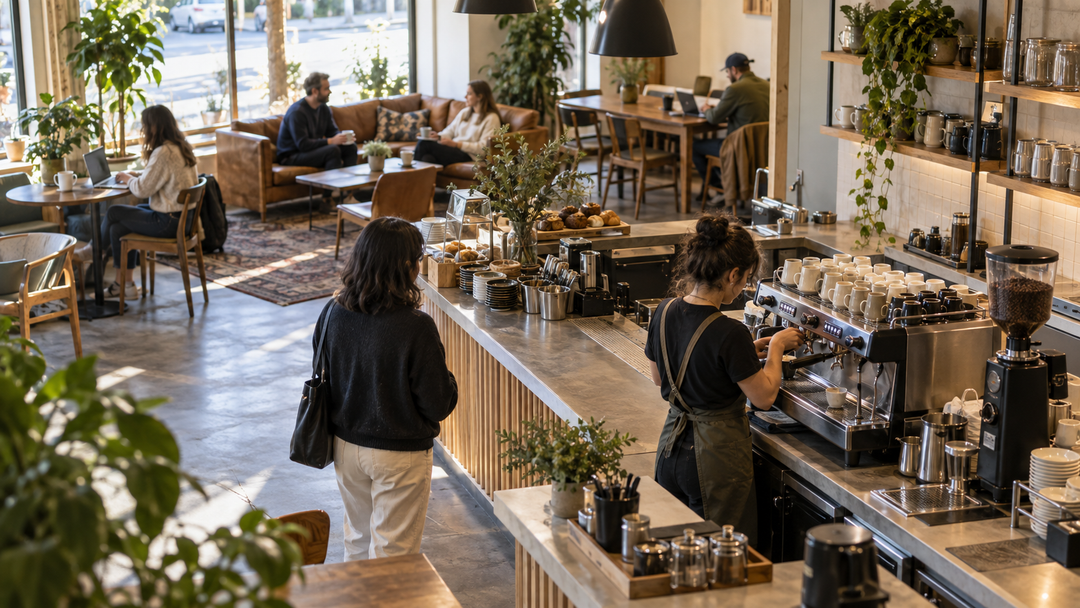 Independent café with an organized espresso bar and comfortable seating for customers