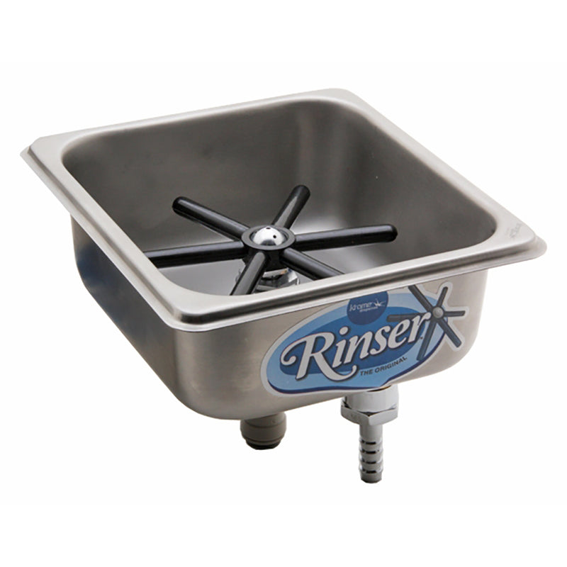 Krome coffee bar pitcher rinser illustrating the spray disk, drain tray, and plumbed café rinsing station