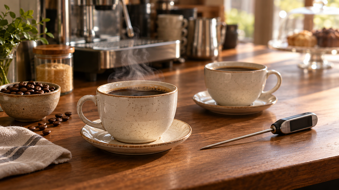 Two cups of coffee at different cooling stages beside an unbranded beverage thermometer on a café counter