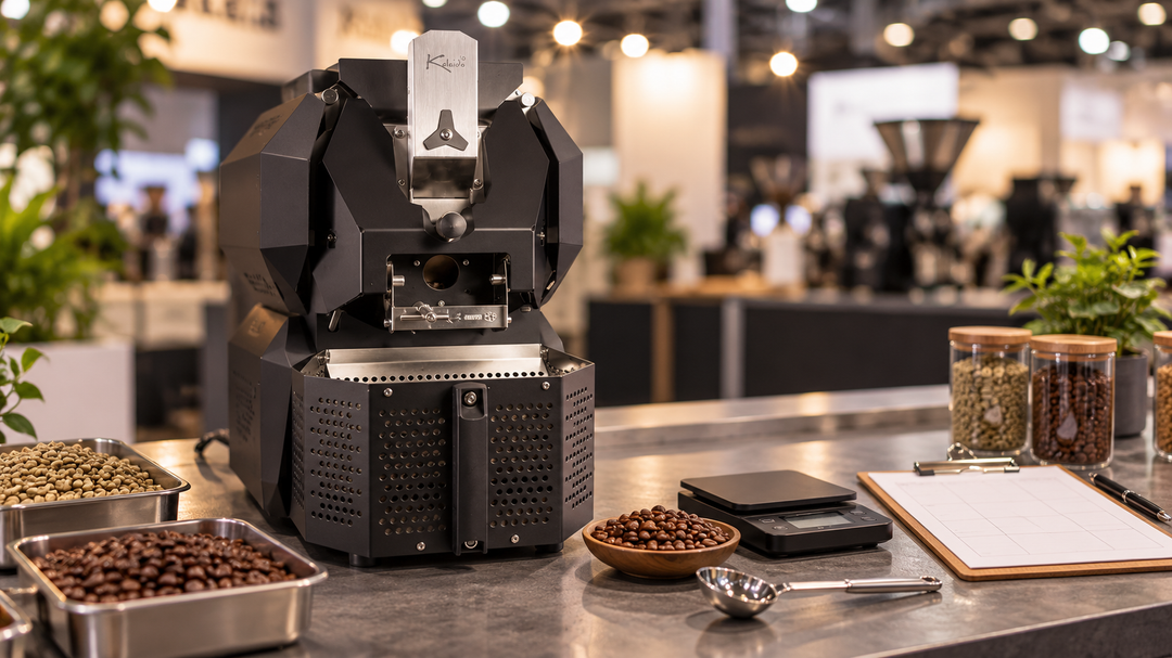 Kaleido M6 Pro coffee roaster with green coffee samples, a scale, roasted beans and a checklist on a trade-show counter