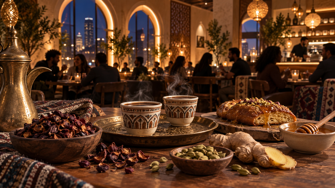 Illustrated evening coffeehouse table with spiced coffee, dried coffee cherry husks, cardamom, ginger, honey pastry, and patrons in the background