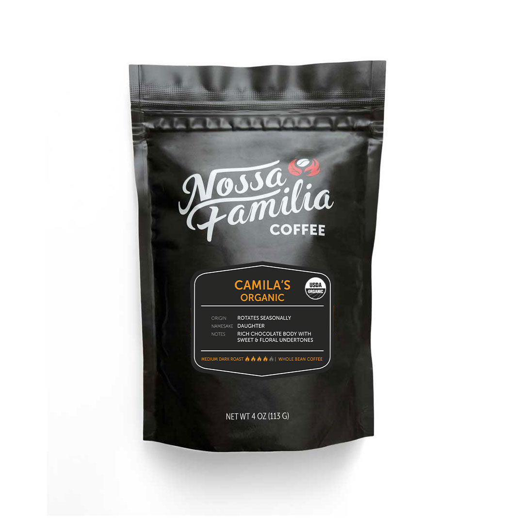 Bag of dark roast coffee from Blend with notes of Chocolate, Floral