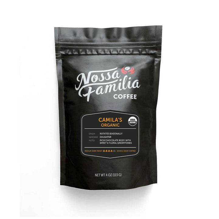 Bag of dark roast coffee from Blend with notes of Chocolate, Floral