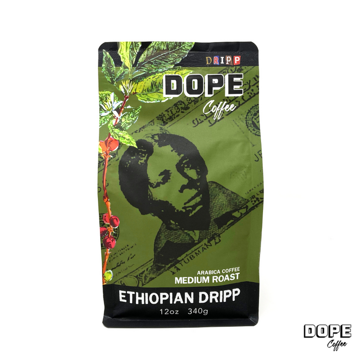 Bag of specialty roast coffee from Ethiopia with notes of Rich Flavors