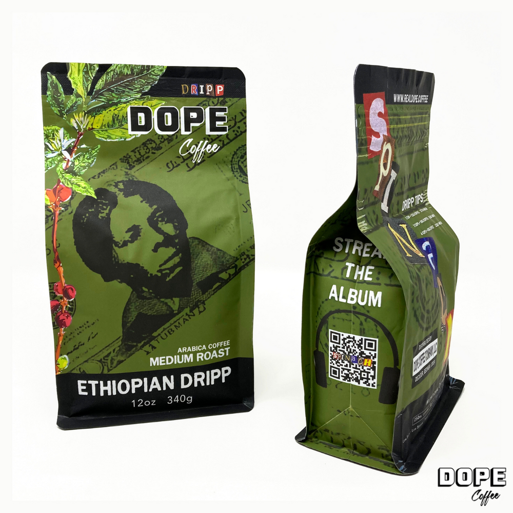 Bag of specialty roast coffee from Ethiopia with notes of Rich Flavors
