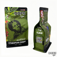 Front and angled views of Ethiopian Dripp coffee packaging