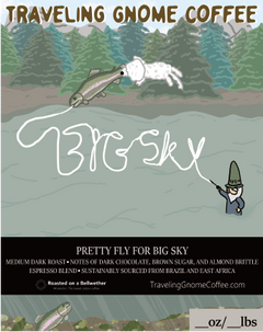 Big Sky label illustration of fishing beside forested mountains