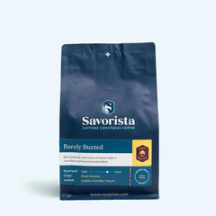 Savorista Barely Buzzed half-caff bag with teal label