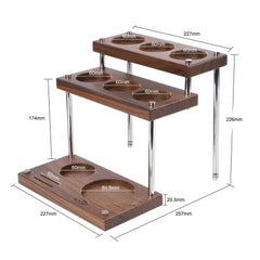 Three-tier walnut coffee utensil organizer detail