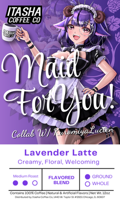 Maid For You lavender-latte label with a purple-haired maid character holding a cup
