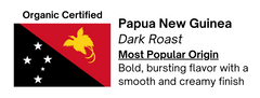 Close-up of the roast and flavor label for Bendix Papua New Guinea Dark Roast Coffee