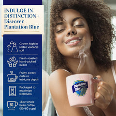 Promotional panel for Plantation Blue 12 oz dark whole-bean Jamaica Blue Mountain coffee showing a woman holding a mug beside product icons