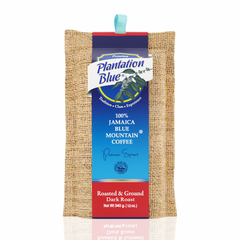 Plantation Blue 12 oz dark ground Jamaica Blue Mountain coffee in burlap packaging with a tall blue label