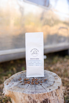 BoJo Bark Blend bag on a tree stump outdoors