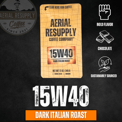 15W40 dark Italian-roast product graphic with chocolate flavor icon