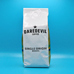 Front of white Daredevil Brazil single-origin coffee bag
