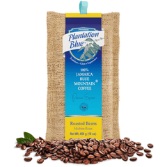 Plantation Blue 16 oz medium whole-bean Jamaica Blue Mountain coffee bag with loose roasted beans at its base