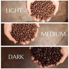 Three-panel visual comparison of light, medium and dark coffee roasts — Clear Lake Surf Medium Roast Coffee Blend gallery