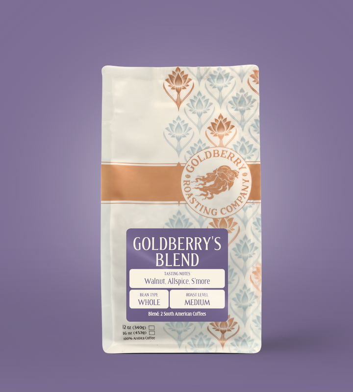Bag of specialty roast coffee from Blend with notes of Chocolate, Fruity