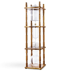 Yama 25 Cup Cold Brew Tower Curved Brown Wood Frame (100oz) showing dosing cup