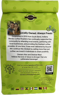 Back of green Bendix bag with roaster story and QR code — Bendix Ethiopian Yirgacheffe Medium-Dark Coffee gallery