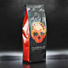 Angled Federales mezcal-barrel coffee package