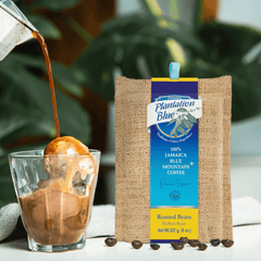 Plantation Blue 8 oz medium whole-bean Jamaica Blue Mountain coffee beside coffee being poured over an ice-cream dessert