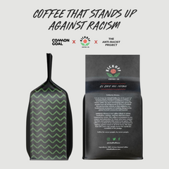 Front and back packaging graphic with Coffee That Stands Up Against Racism wording — Kickoff Solidarity Always Rwanda Coffee
