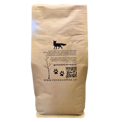 Back of a brown Foxen Coffee bag with fox logo and QR code