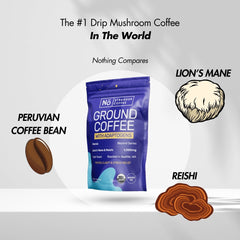 Ingredient illustration naming Peruvian coffee, lion's mane and reishi