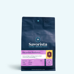 Savorista Rwandan Radiance half-caff bag with purple label