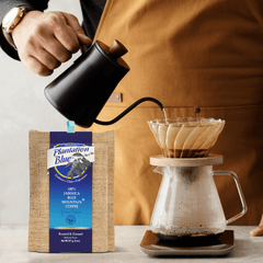 Plantation Blue 8 oz medium ground Jamaica Blue Mountain coffee beside a hand pouring from a black kettle into a filter brewer