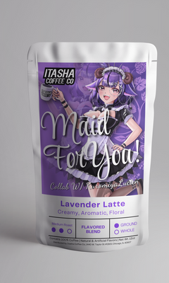 Silver Itasha Maid For You pouch displaying the purple lavender-latte collaboration artwork