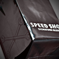 Speed Shop signature-blend label close-up