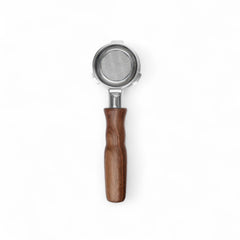 Stainless steel bottomless portafilter with walnut handle