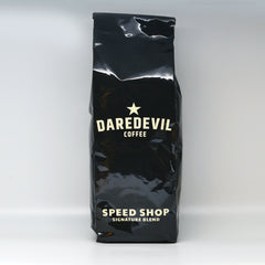 Front of black Daredevil Speed Shop coffee bag
