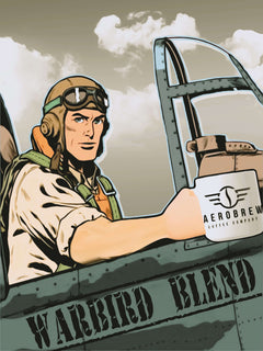 Illustrated pilot and aircraft on Warbird Blend artwork